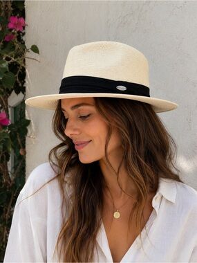 Wallaroo Monterey Hat Company Straw Panama Fedora Sun Hat Cream Ivory Black Band